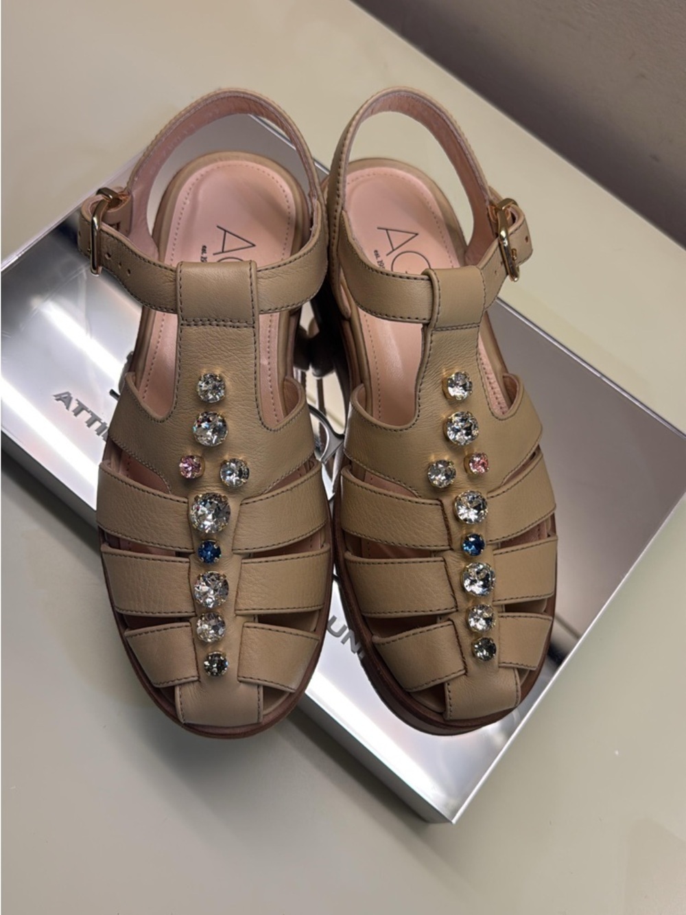 AGL Tan neutral made in Italy Jeweled Leather Fisherman Sandals NWT